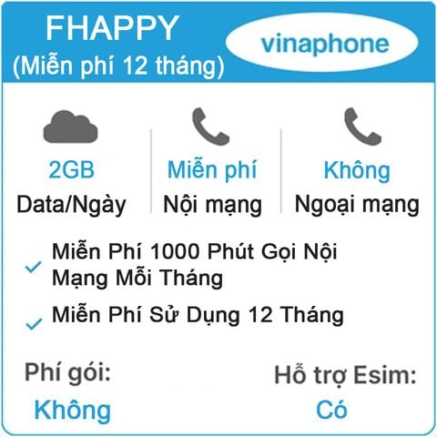 Sim 4G VinaPhone Fhappy 62Gb/Tháng Trọn Gói 1 Năm Không Phải Nạp Tiền