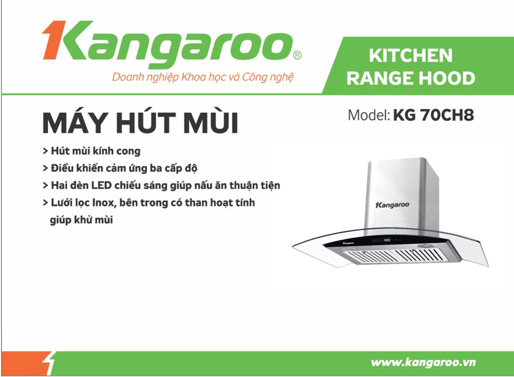 Máy hút mùi Kangaroo KG70CH8 (Kính cong, Size 70cm, điều khiển, cảm ứng)