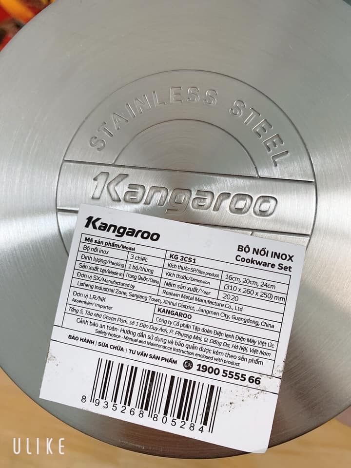 Bộ 3 nồi inox Kangaroo KG3CS1 (16,20,24 cm)