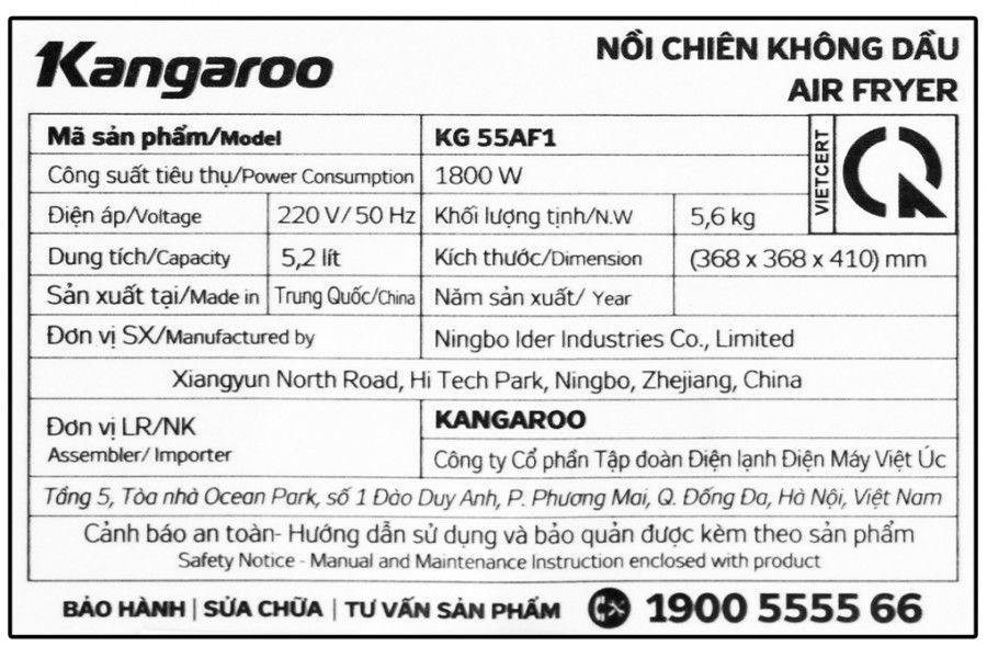 Nồi chiên không dầu loại cơ Kangaroo KG55AF1 (52L, 1800W)