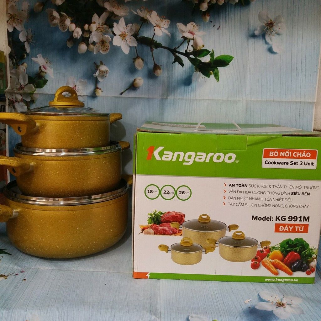 Bộ 3 nồi nhôm vân đá đáy từ Kangaroo KG991M (18/22/26cm)