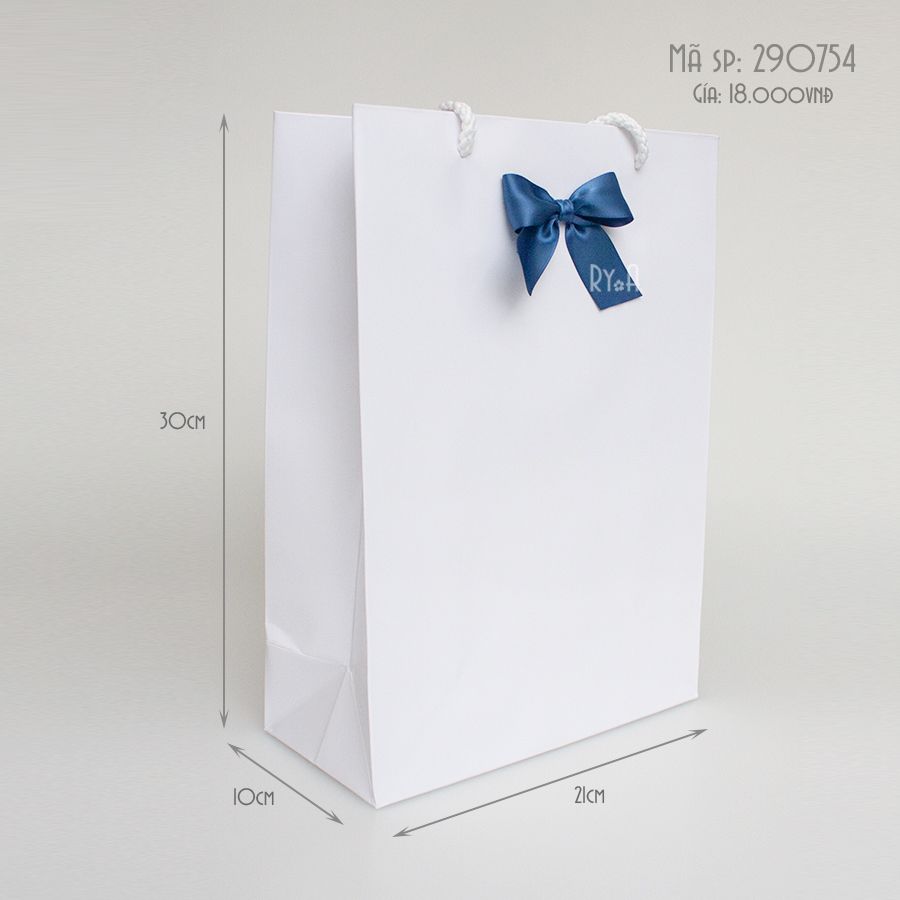  Túi giấy trắng gắn nơ sẵn kích thước dọc 30x21x10cm 
