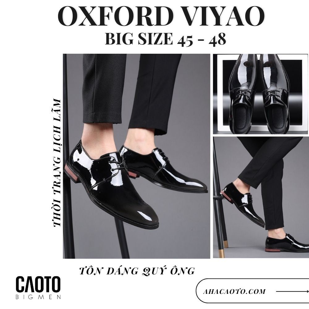  Giày Tây Oxford VIYAO Đen Bóng Đế Gỗ Big Size 