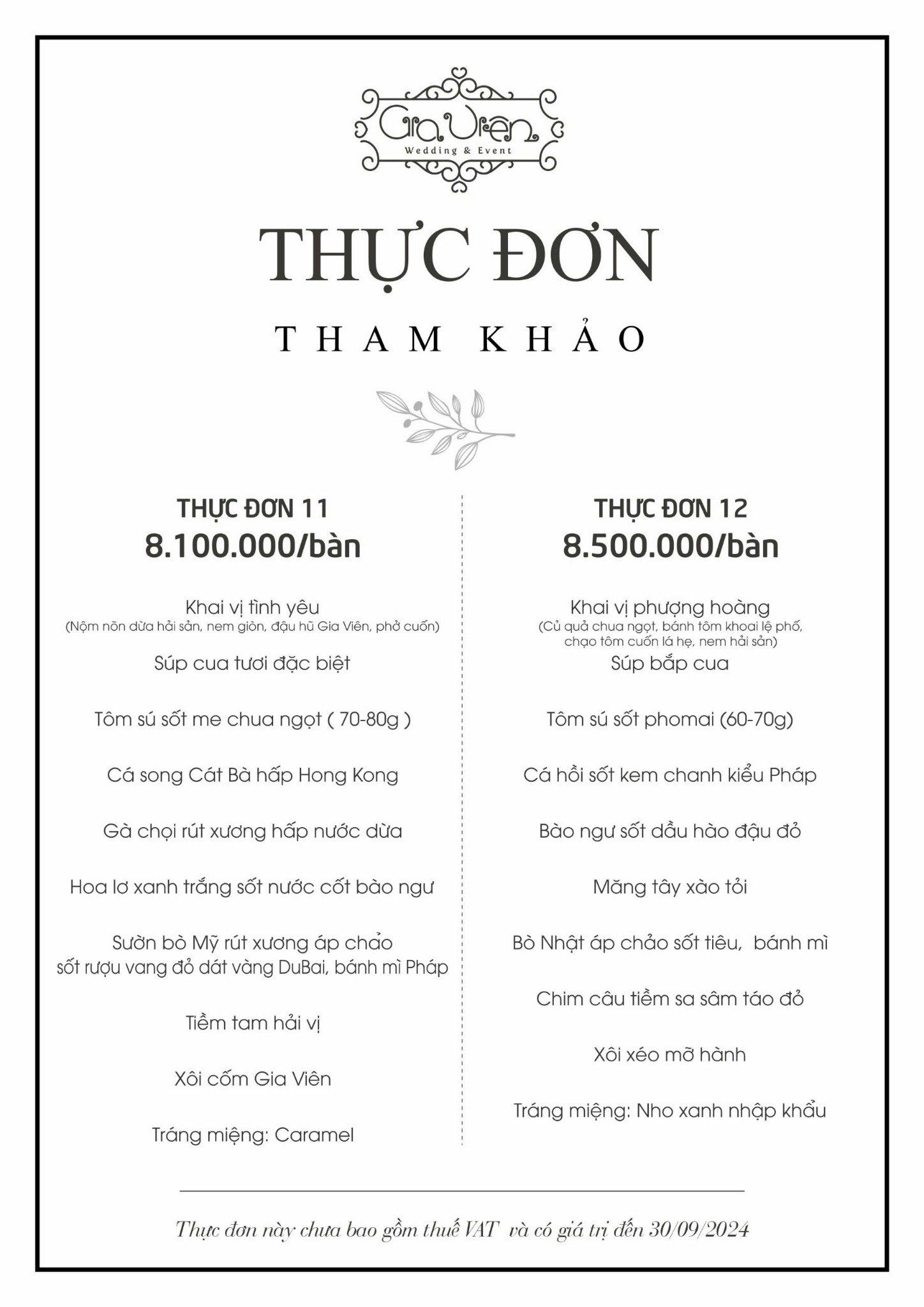 Thực đơn tiệc cưới mẫu