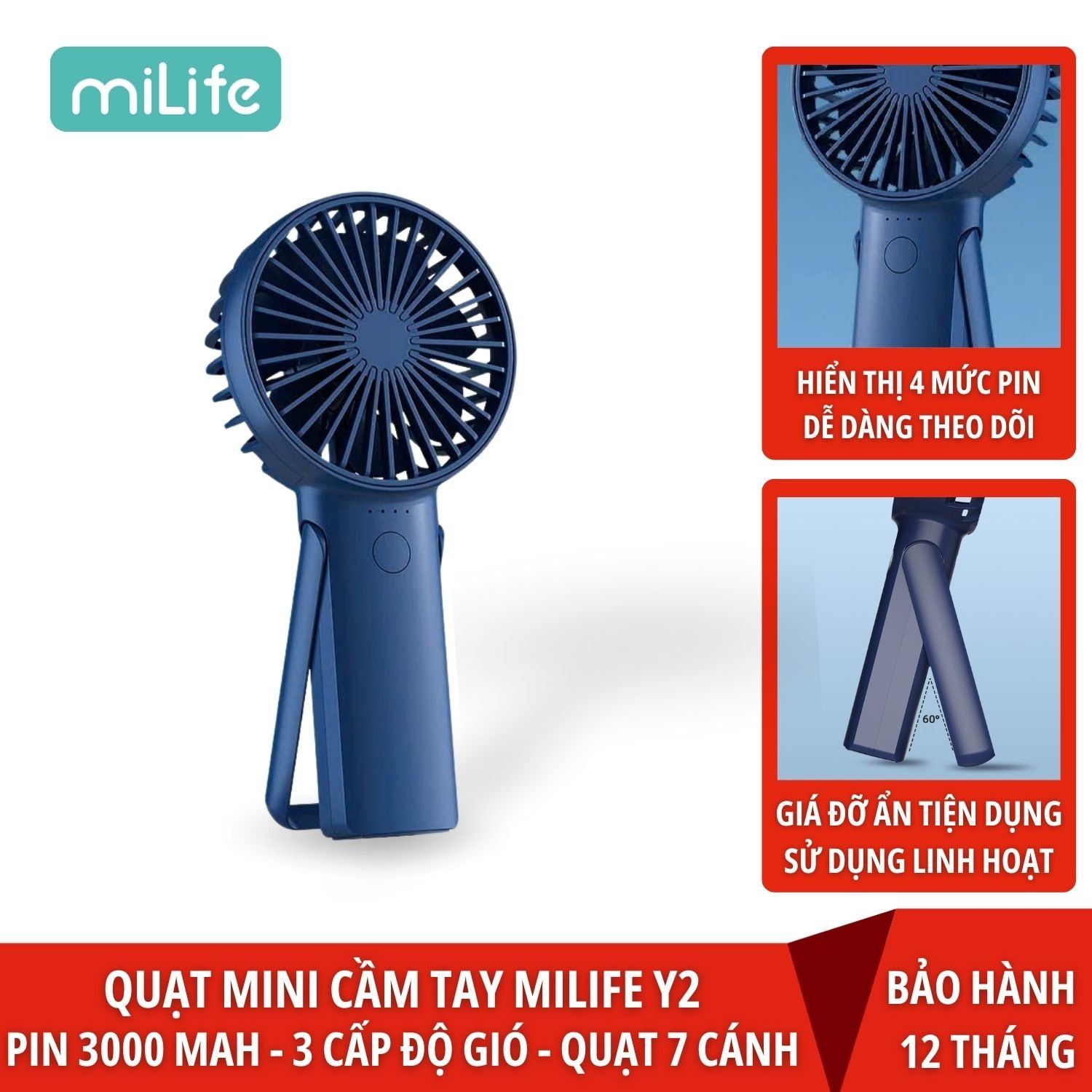 Quạt mini cầm tay miLife Y2 tích điện pin 3000mAh
