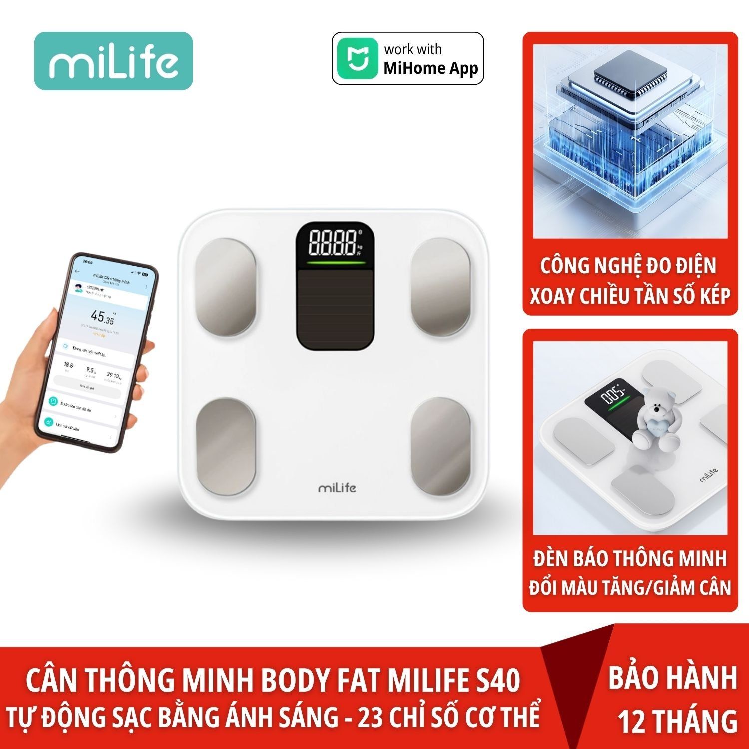 Cân body fat thông minh miLife S40 đo 23 chỉ số sức khỏe