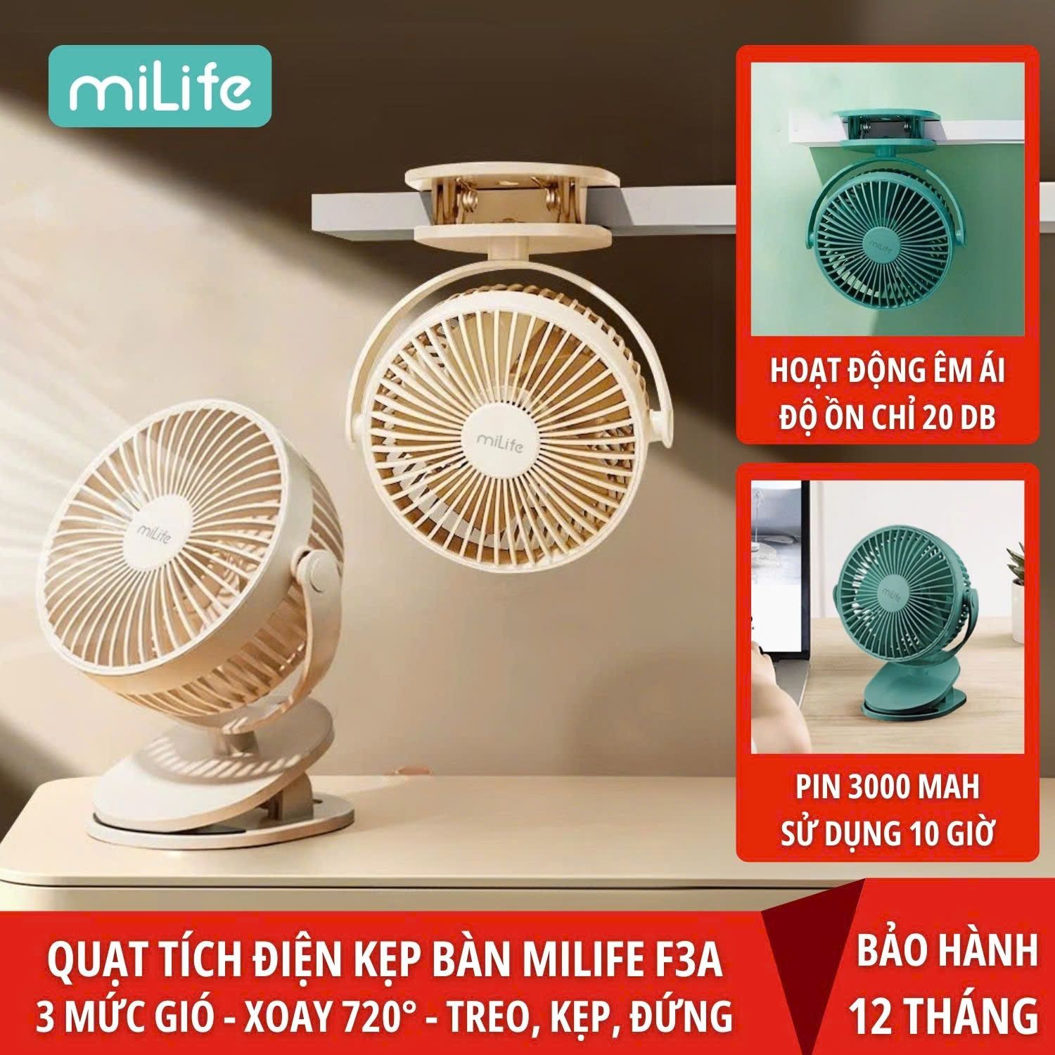 Quạt kẹp tích điện miLife F3A cánh 12cm