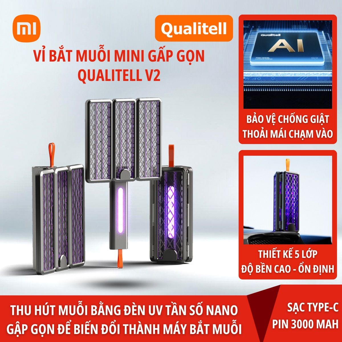 Vợt bắt muỗi đa năng Qualitell V2 ZSS240913 kiêm đèn bắt muỗi