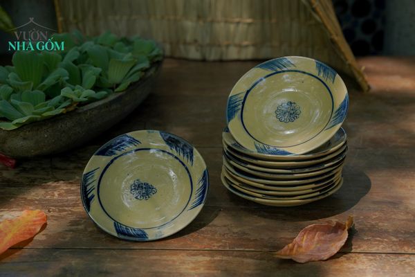  Dĩa phết xanh lớn, chén bát Lái Thiêu nung củi, C4xR18cm- 0707l3n032 