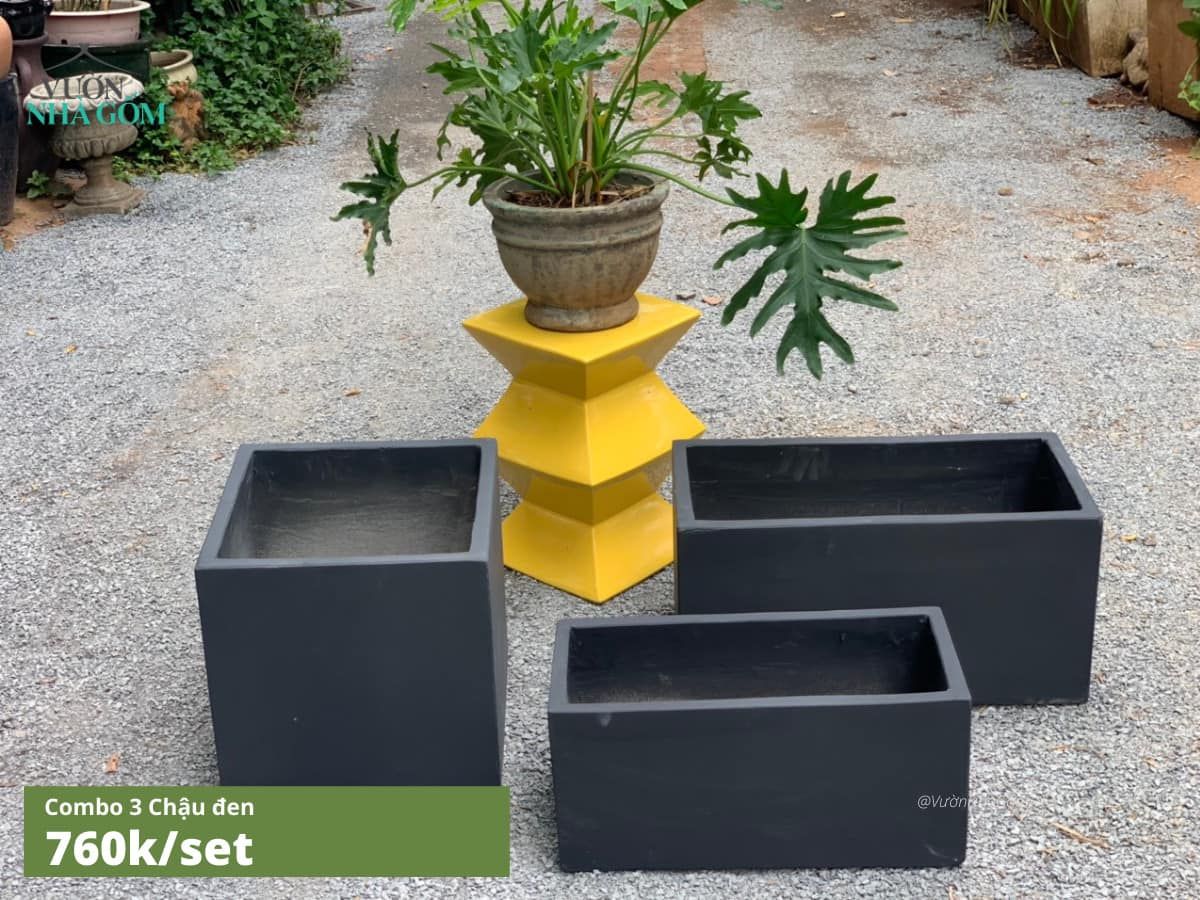  Bộ 3 Chậu xi măng chữ nhật vuông đen, D63xR33xC32 cm -SP000882 