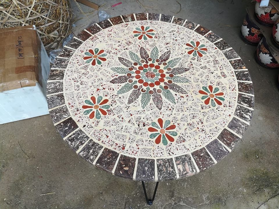  Mosaic cổ điển, bàn ghép gốm tròn, họa tiết bông sáng, R60cm 