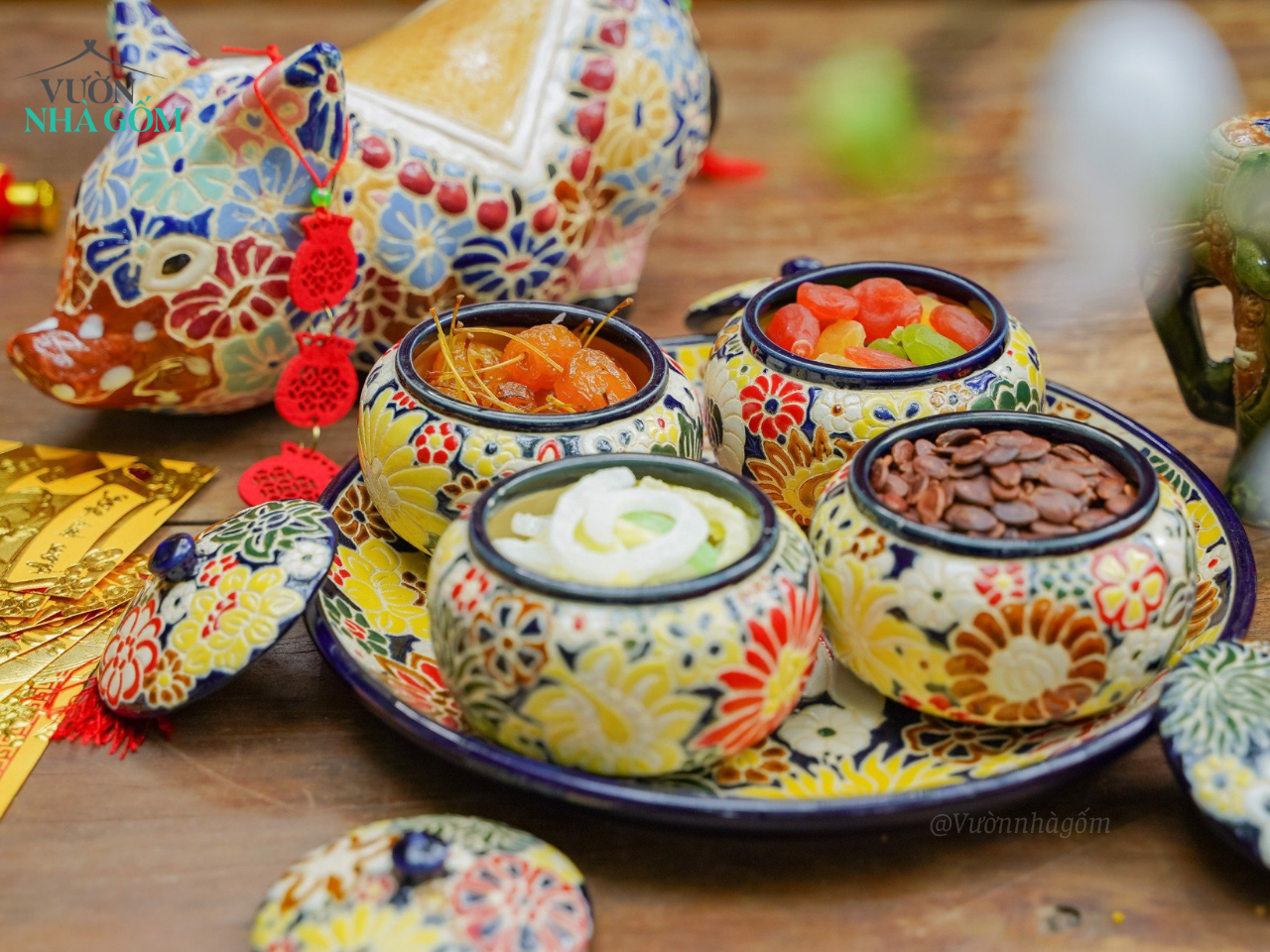  Quà tặng Tết - Bộ Dĩa và Hủ Gốm thủ công khắc Bách Hoa phú quý, quà tặng như ý - SP002161 