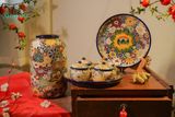  Quà tặng Tết - Bộ Dĩa và Hủ Gốm thủ công khắc Bách Hoa phú quý, quà tặng như ý - SP002161 
