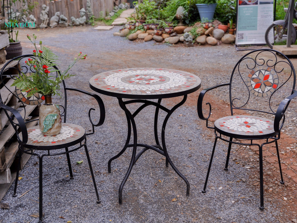  Mosaic hiện đại, bộ bàn ghế ghép gốm họa tiết trắng nâu điểm cam, D60cm- SP002273 
