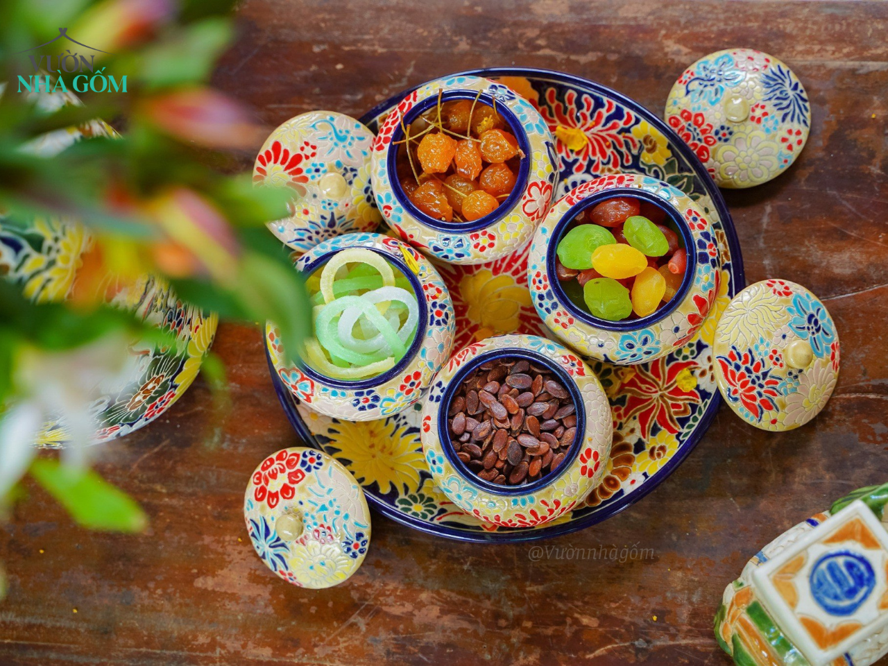 Quà tặng Tết - Bộ Dĩa và Hủ Gốm thủ công khắc Bách Hoa phú quý, quà tặng như ý - SP002161 