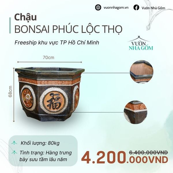  [THANH LÝ GIẢM ĐẾN 80%] Chậu gốm xuất khẩu | Chậu bonsai Phúc Lộc Thọ H68cm 