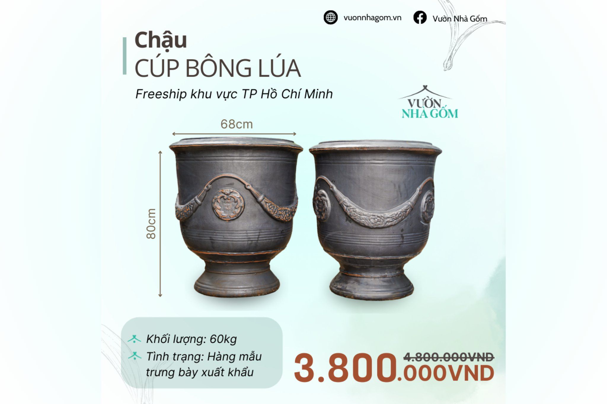  [THANH LÝ GIẢM ĐẾN 80%] Chậu gốm xuất khẩu | Chậu cúp bông lúa H80cm 