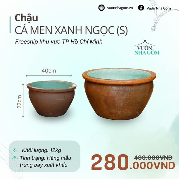  [THANH LÝ GIẢM ĐẾN 80%] Chậu gốm xuất khẩu | Chậu cá men xanh ngọc R40cm 