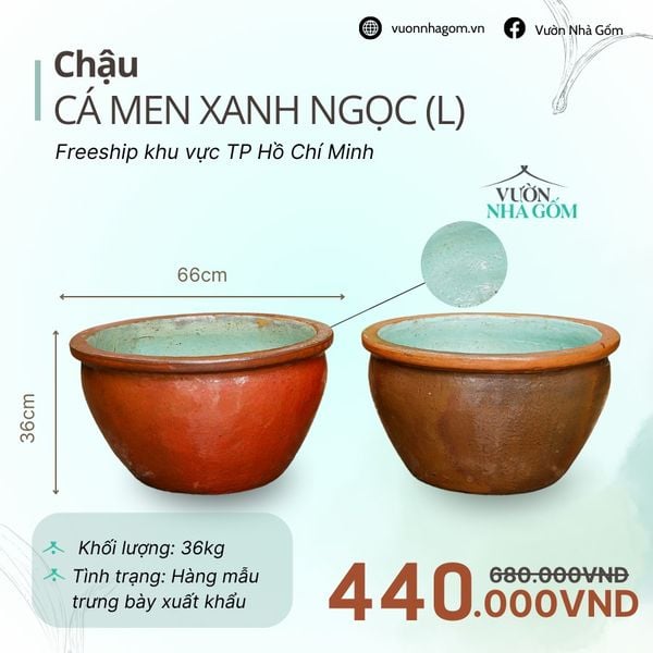  [THANH LÝ GIẢM ĐẾN 80%] Chậu gốm xuất khẩu | Chậu cá men xanh ngọc size lớn R66cm 