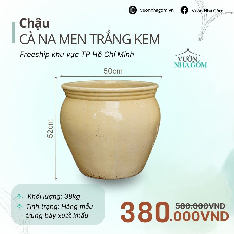  [THANH LÝ GIẢM ĐẾN 80%] Chậu gốm xuất khẩu | Chậu cà na men trắng kem H52cm 