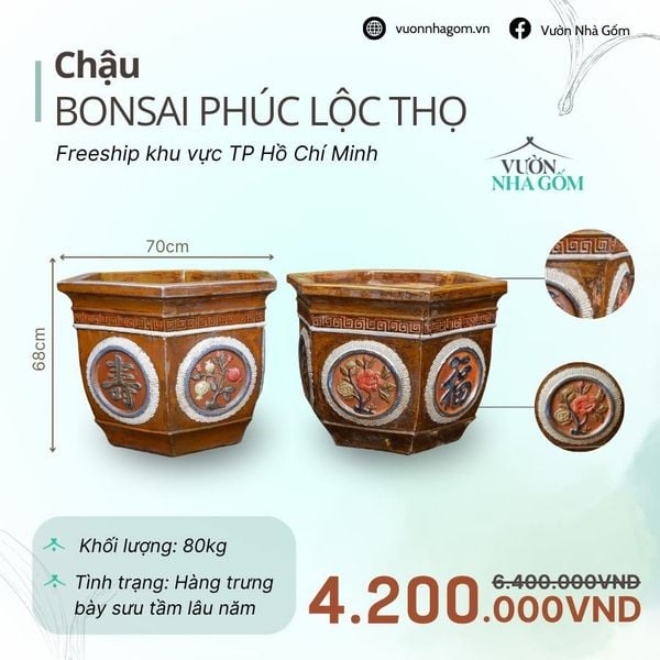  [THANH LÝ GIẢM ĐẾN 80%] Chậu gốm xuất khẩu | Chậu bonsai Phúc Lộc Thọ H68cm 