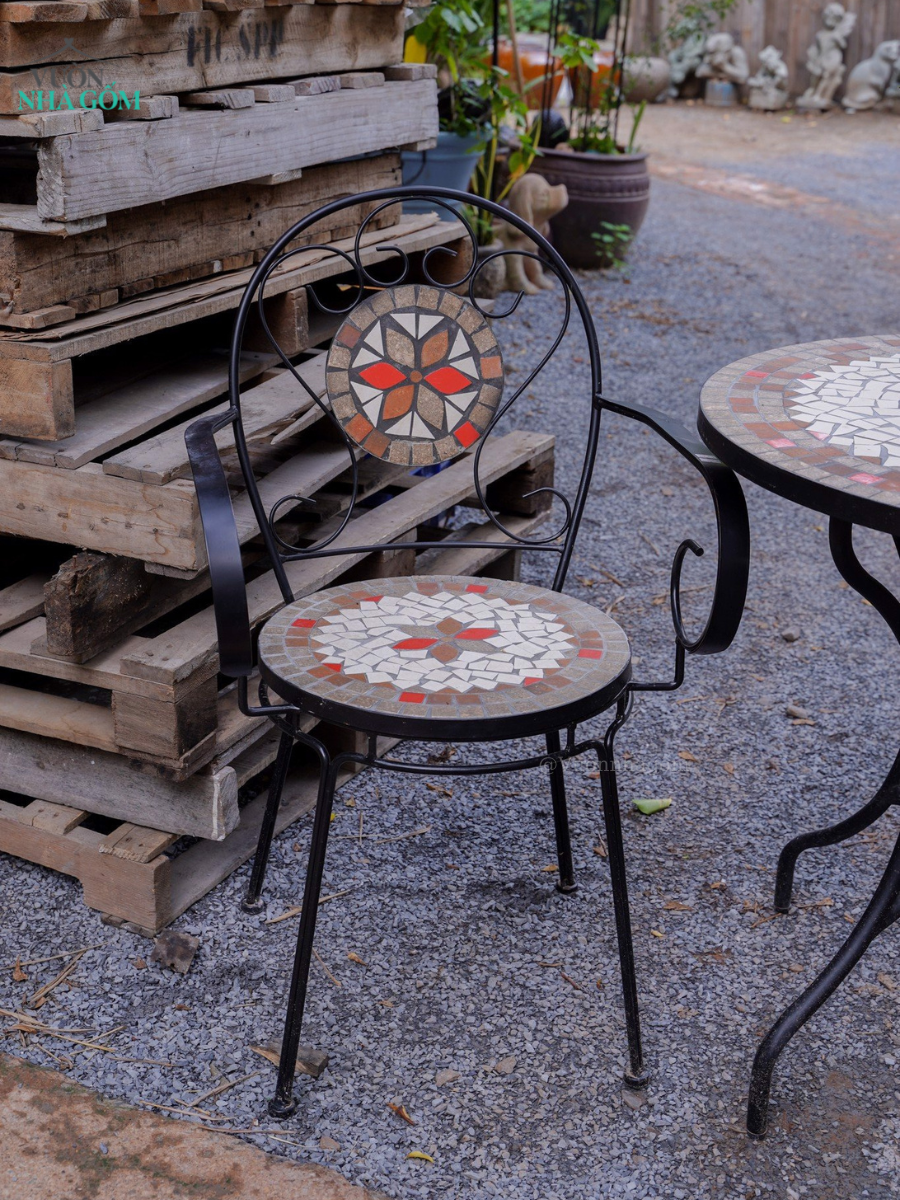  Mosaic hiện đại, bộ bàn ghế ghép gốm họa tiết trắng nâu điểm cam, D60cm 