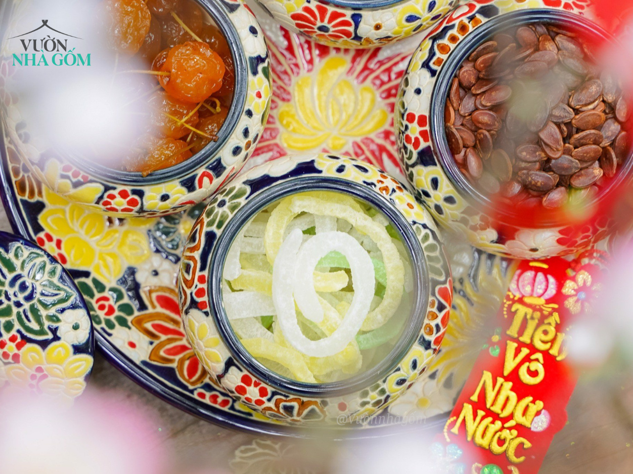  Quà tặng Tết - Bộ Dĩa và Hủ Gốm thủ công khắc Bách Hoa phú quý, quà tặng như ý - SP002161 