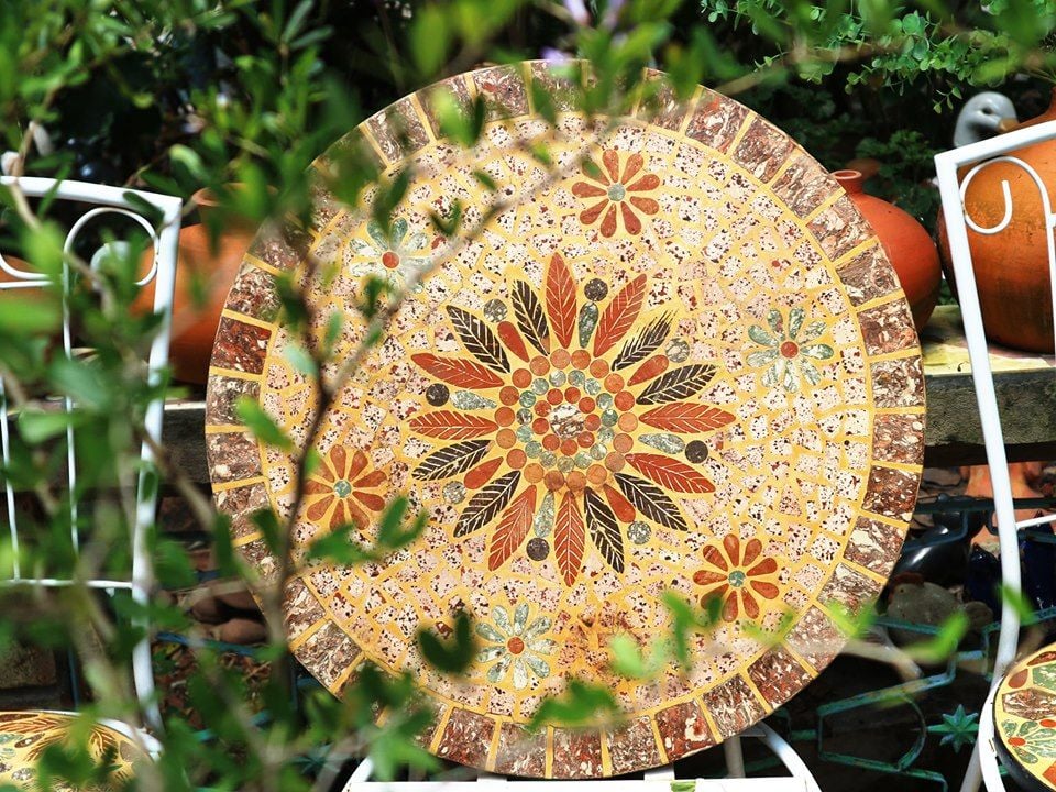  Mosaic cổ điển, bàn ghép gốm tròn, họa tiết bông sáng, R60cm 