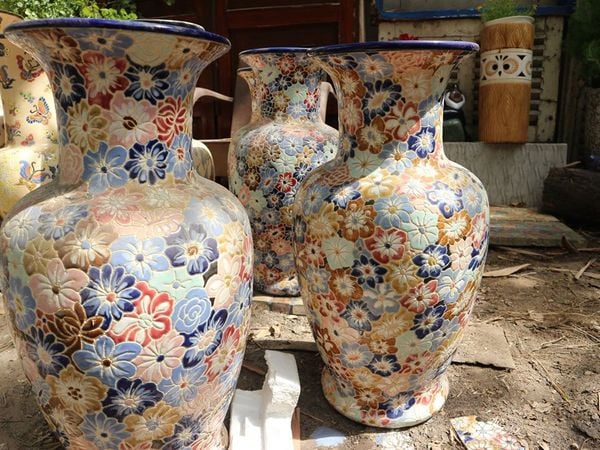  Bình khắc Bách hoa bông sáng, gốm thủ công mỹ nghệ Nam Bộ, H52 cm - 0204l3n071 