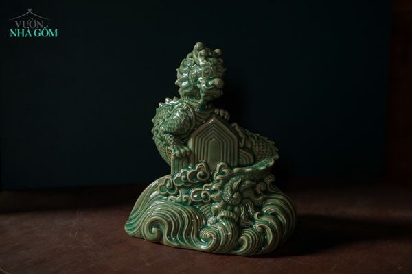  Tượng Rồng Thủ Biên, Men Xanh Ngọc, Gốm Thủ Biên, Quà tặng cao cấp Xuân Giáp Thìn, phiên bản giới hạn, C21cm x R19cm- SP002778 