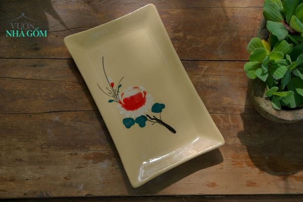  Dĩa chữ nhật vẽ tay họa tiết bông đỏ, D27xR17xC3 cm- SP000741 