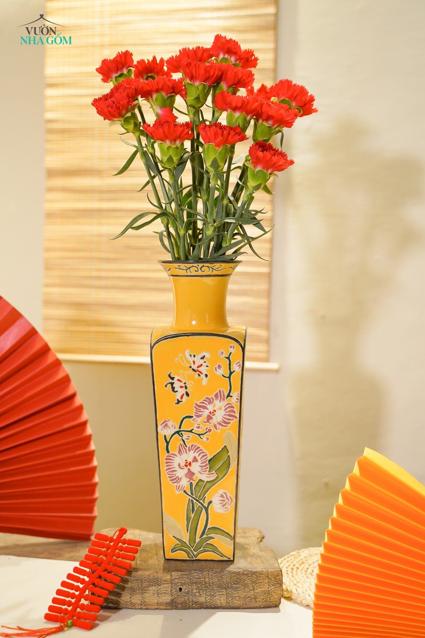  Bình Tứ Quý Cát Tường, màu vàng rực rỡ, Gốm Thủ Biên, C34 X R12 x M9cm, dùng làm Quà tặng, cắm hoa & trang trí 