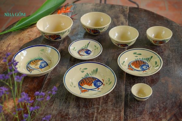  Chén cơm vẽ cá viền xanh, chén bát Lái Thiêu, R11xC5-SP002945 