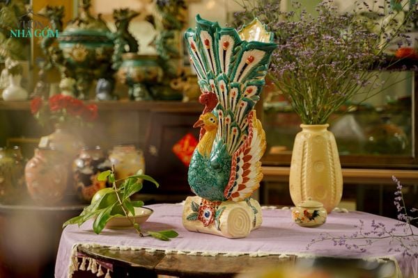  Tượng Khổng Tước xòe đuôi xanh đồng, dáng cúp cắm hoa, gốm mỹ nghệ Nam Bộ C64xR36-SP002790 