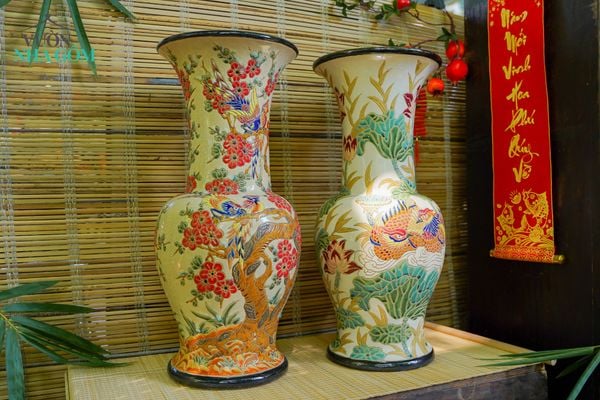  Bình gốm khắc đề tài Sen và Chim Trĩ, gốm thủ công Nam Bộ, C60cm- 0104s2n077 