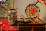  Quà tặng Tết - Bộ Dĩa và Hủ Gốm thủ công khắc Bách Hoa phú quý, quà tặng như ý - SP002161 