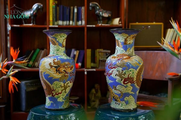  Song Long Quần Mây, nền men tím hổ vàng, H43cm, gốm mỹ nghệ Nam Bộ- SP001936 