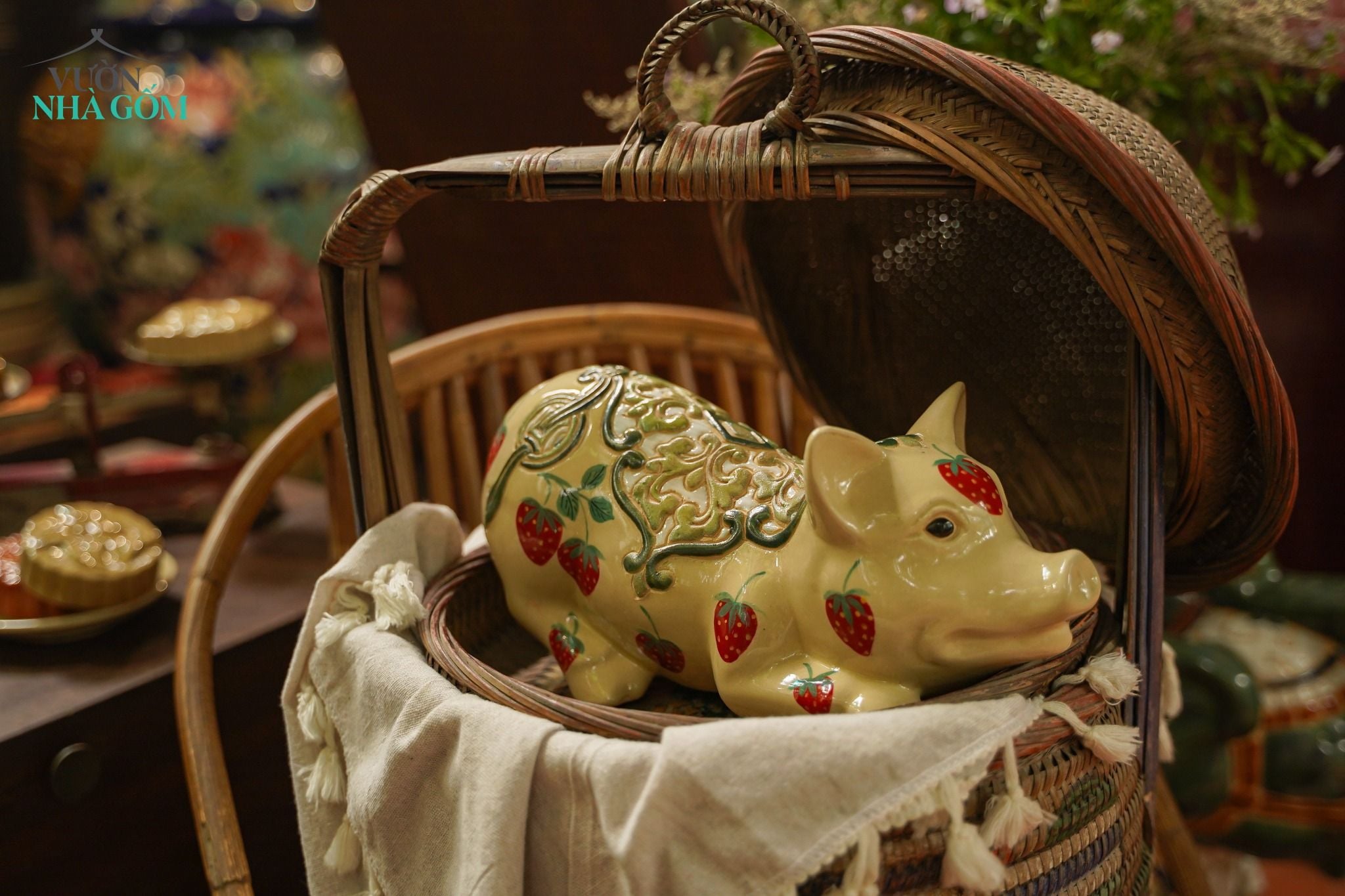  Heo gốm Vẽ tay Thủ Công, gốm Thủ Biên, gốm mỹ nghệ trang trí, làm quà tặng, D28cm- SP003127 