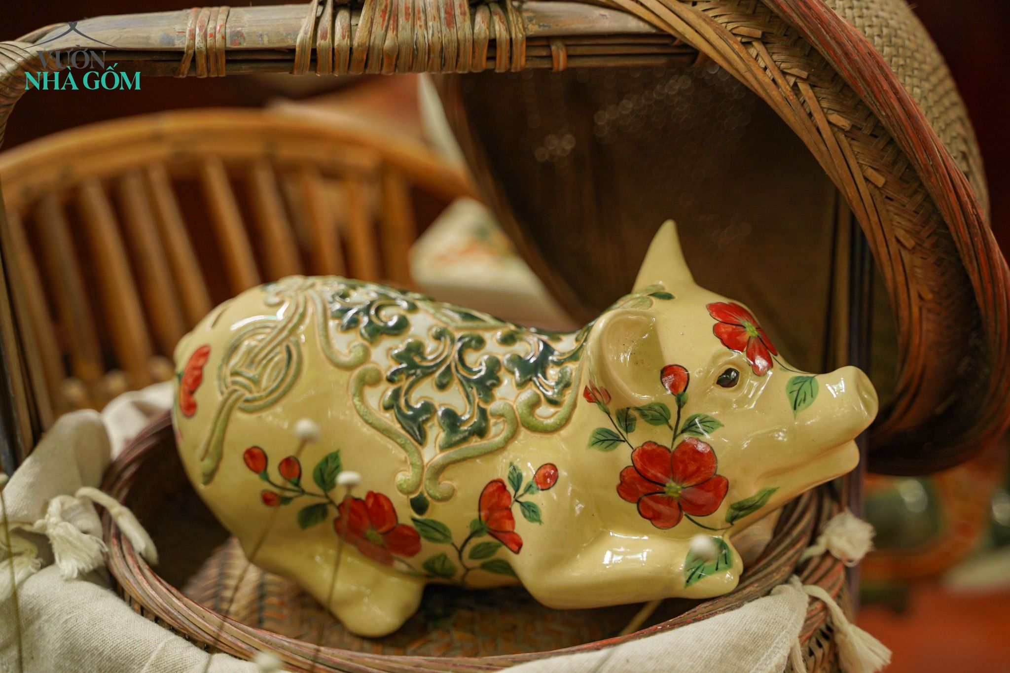 Heo gốm Vẽ tay Thủ Công, gốm Thủ Biên, gốm mỹ nghệ trang trí, làm quà tặng, D28cm