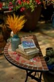  Bàn bán nguyệt gạch cam viền nâu, gốm Mosaic, R45xD90cm- 0824b1n122 