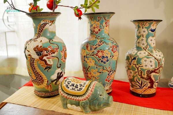  Bình Song Long Tranh Châu size nhỏ, men xanh đồng trổ bông, gốm mỹ nghệ Nam Bộ, H40 cm- SP001392 