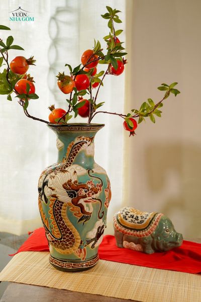  Bình Song Long Tranh Châu size lớn, men xanh đồng trổ bông, gốm mỹ nghệ Nam Bộ, H53 cm- SP001393 