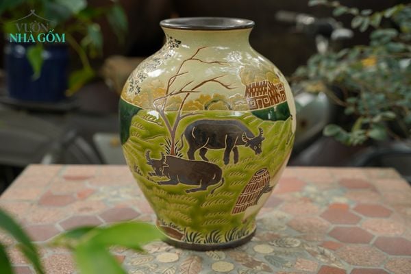  Bình gốm thủ công khắc đề tài ĐỒNG QUÊ VIỆT, Gốm Thủ Biên, C30cm, Quà tặng, Cắm hoa & Trang trí - SP002775 