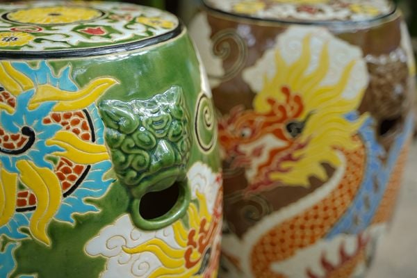  Đôn trống Song Long Tranh Châu tay cầm hình khối, gốm mỹ nghệ Nam Bộ, C45 x R35cm- SP001400 
