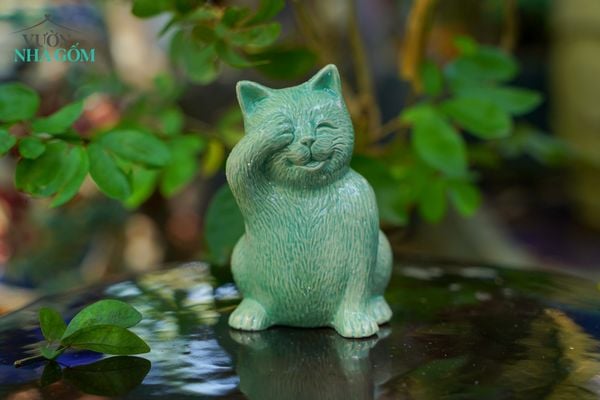  Bộ tượng Mèo Tam Không vui vẻ, men Xanh Ngọc, Gốm Thủ Biên sản phẩm quà tặng Tết, trang trí không gian sống, C11cm x R7cm-SP002204 