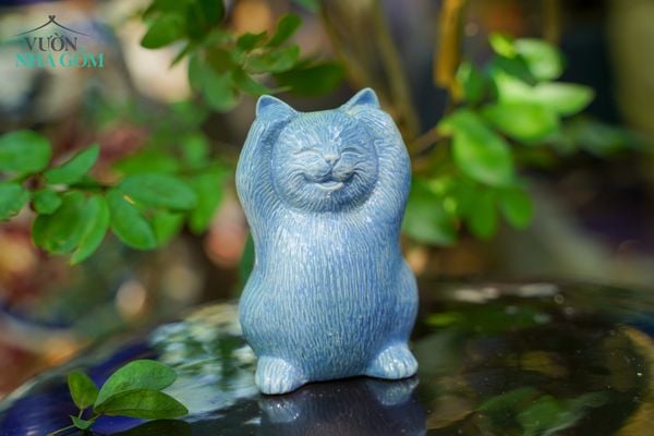  Bộ tượng Mèo Tam Không vui vẻ, men Xanh biển, Gốm Thủ Biên sản phẩm quà tặng Tết, trang trí không gian sống, C11cm x R7cm- SP002203 