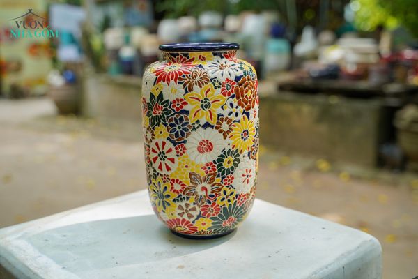 Bình khắc Bách Hoa thủ công, cắm hoa, trang trí Tết, gốm Thủ Biên, C25 x R15cm x M10 cm-SP002679 