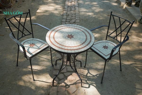  Mosaic hiện đại, bộ bàn ghế ghép gốm họa tiết trắng nâu, R60cm-SP002273 
