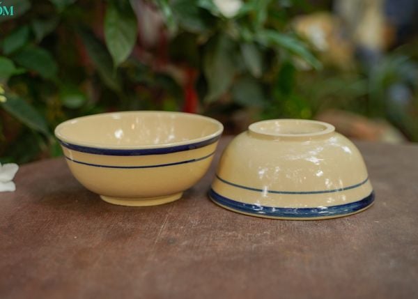  Tô cơm viền xanh trung, vẽ tay thủ công, R16xC7- SP002842 