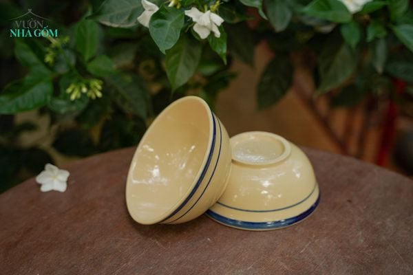  Tô cơm viền xanh trung, vẽ tay thủ công, R16xC7- SP002842 